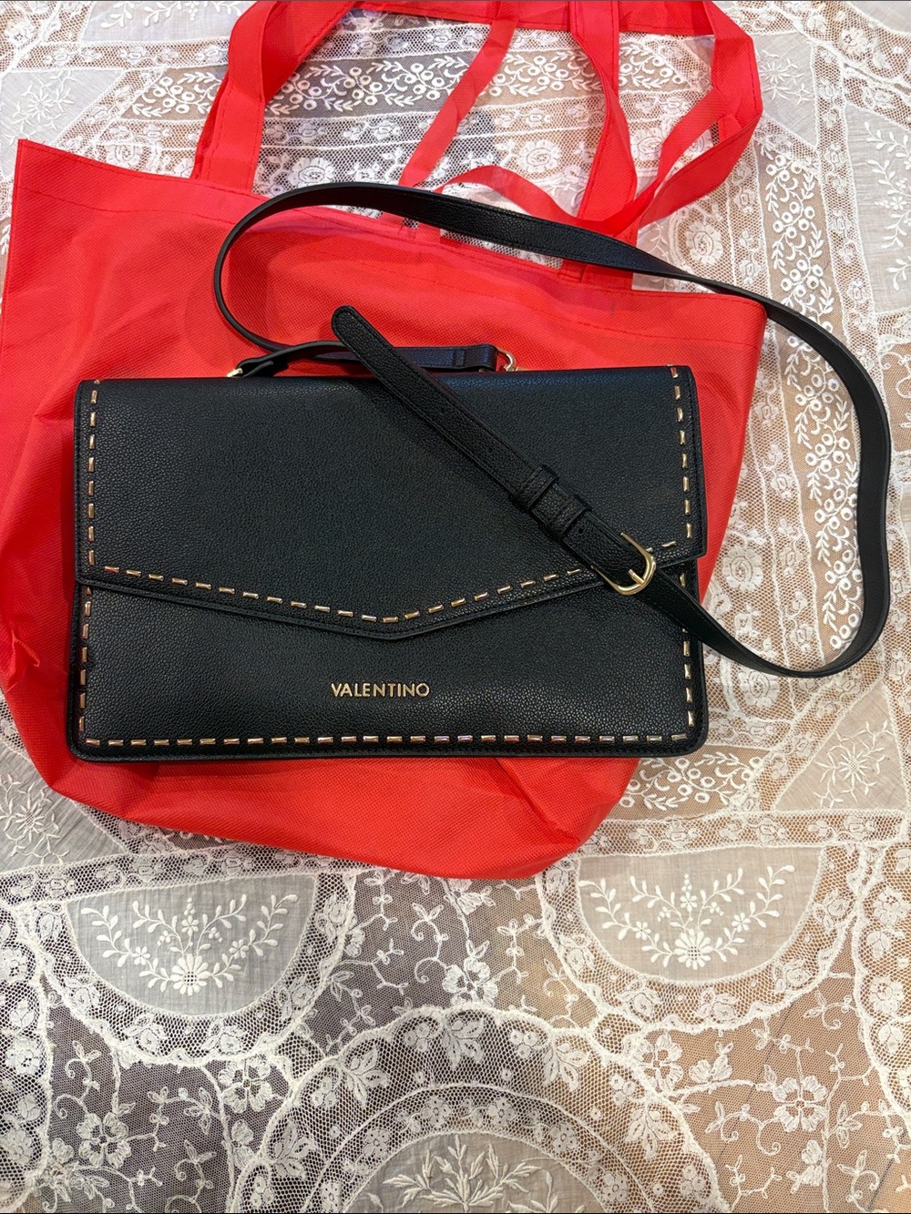 Valentino Black Leather Crossbody with Tan Contrast Stitching